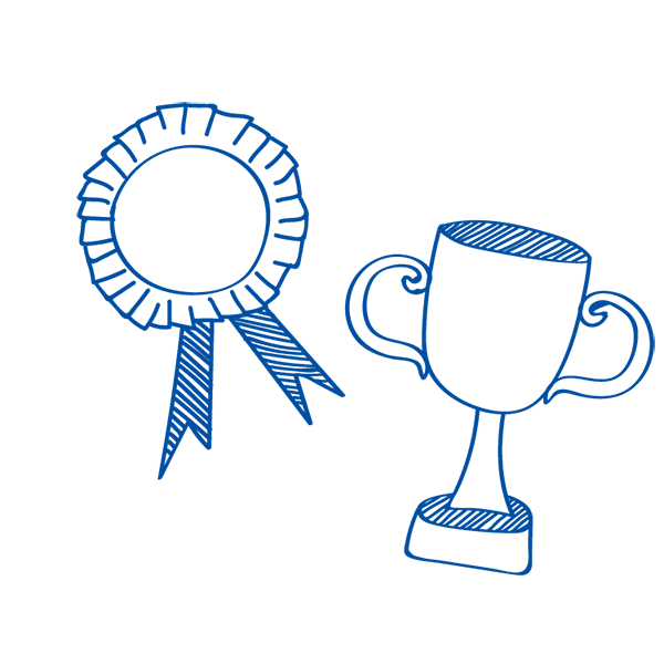 Illustration of a winning badge and a trophy
