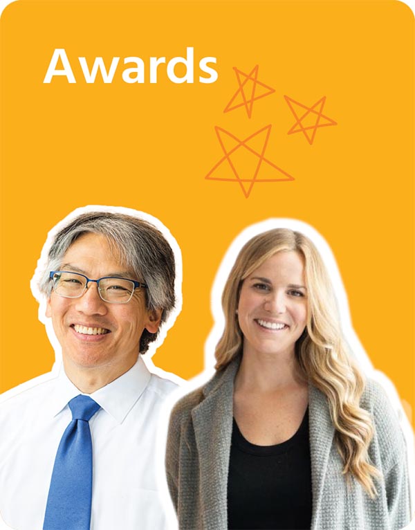 Two adults, left one with a glasses on, with an orange background