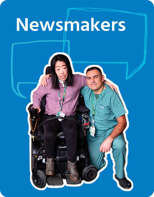 Two adults, left person on a wheelchair and right person on a hospital outfit, on a blue background